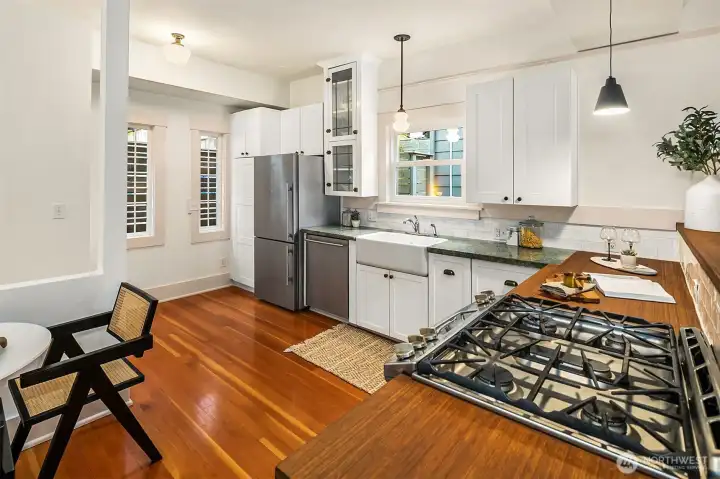 Kitchen with gas cooktop.
