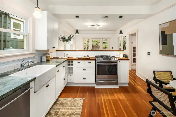 View from kitchen through dining area.