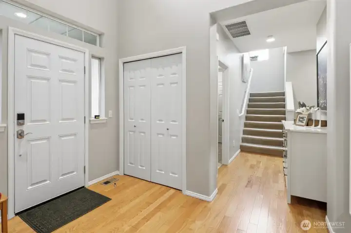 Entrance and hallway with expansive open to below.