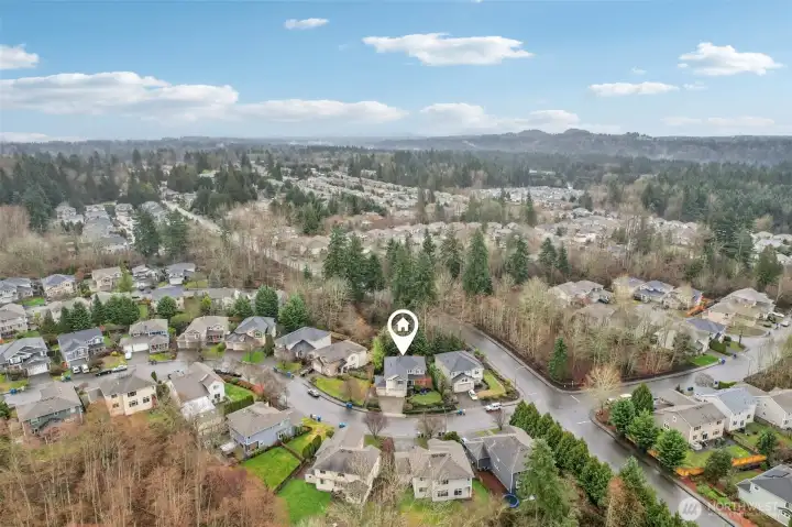 Aerial view with pin highlighting home's location within the neighborhood.