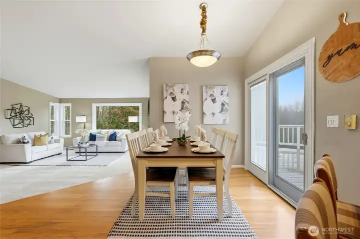 Large windows frame views of the surrounding landscape, adding a peaceful backdrop to every meal.