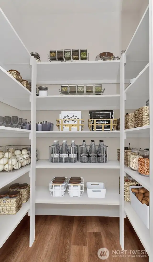 Virtually staged walk-in pantry, illustration only