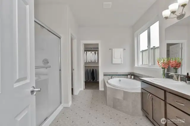 Virtually staged 5 piece primary bathroom, photo for illustration only