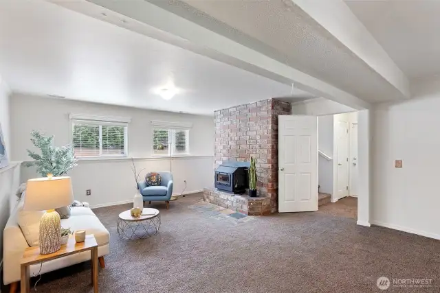 The lower level bonus area includes a wood burning insert.