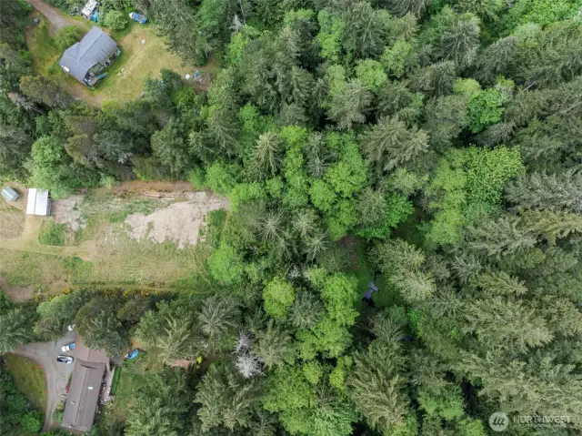 Aerial view of the back side of the property, which slopes down to a creek in view.