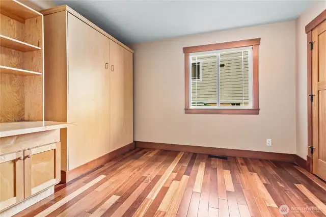 The guest bedroom downstairs with built-ins, a closet, and a wall/murphy bed