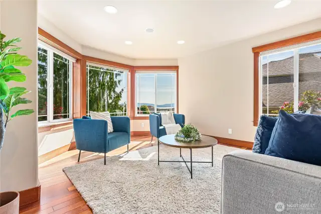 The front living room has bay views and lots of sunlight