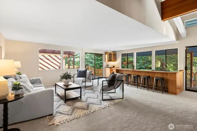 Living room with festive bar area!