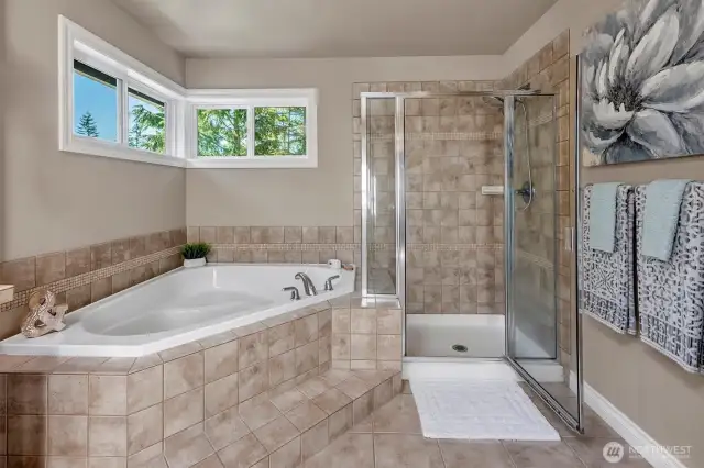 Primary bath with soaking tub and shower