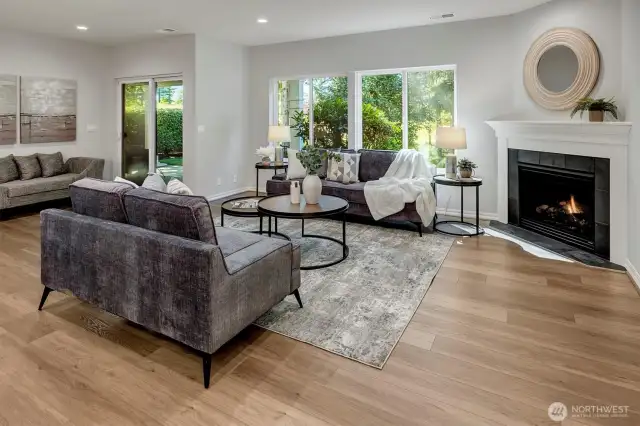 Lower floor gathering area with gas fireplace