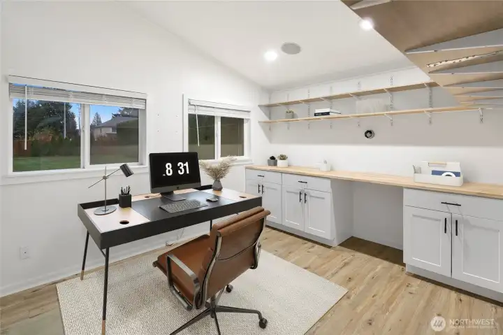 Outbuilding virtually staged as an office.