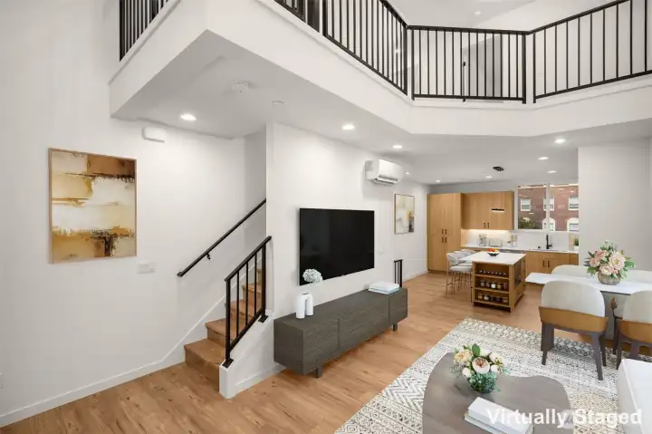 This photo has virtial staging but represents the actual cabinet & flooring color for this unit