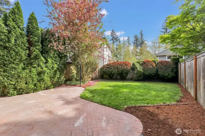 Fully fenced backyard with patio.