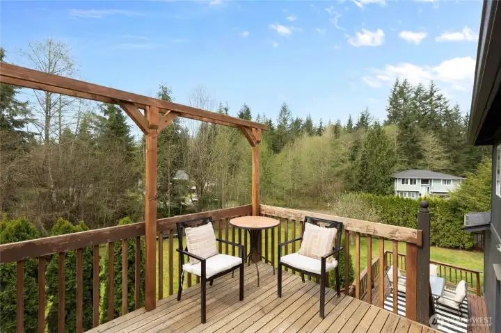 Inviting upper deck featuring pergola-style cover, space for seating, and serene views of surrounding greenery.