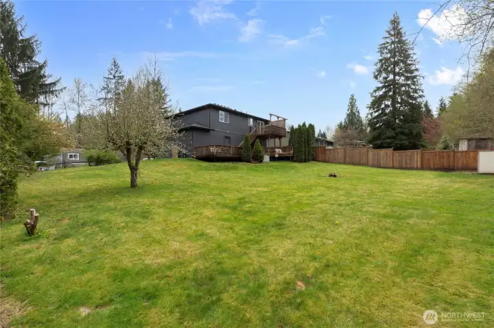 Expansive backyard offers abundant open lawn space, mature trees, and a peaceful, private setting. Ideal for outdoor recreation, gardening, or future entertaining.