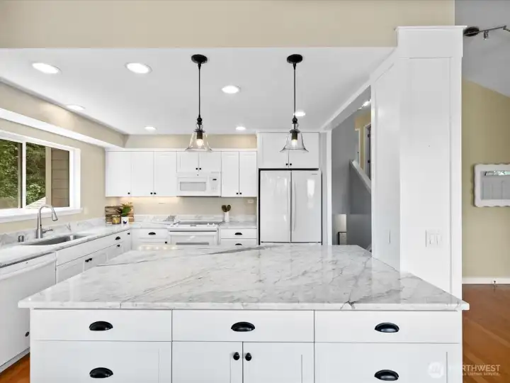 Classic marble slab island and countertops - so beautiful!