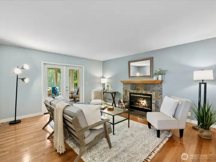 Terrific family room with wood-burning fireplace.