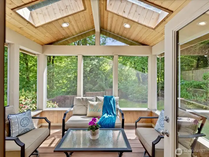 Sunroom with screens and skylights.