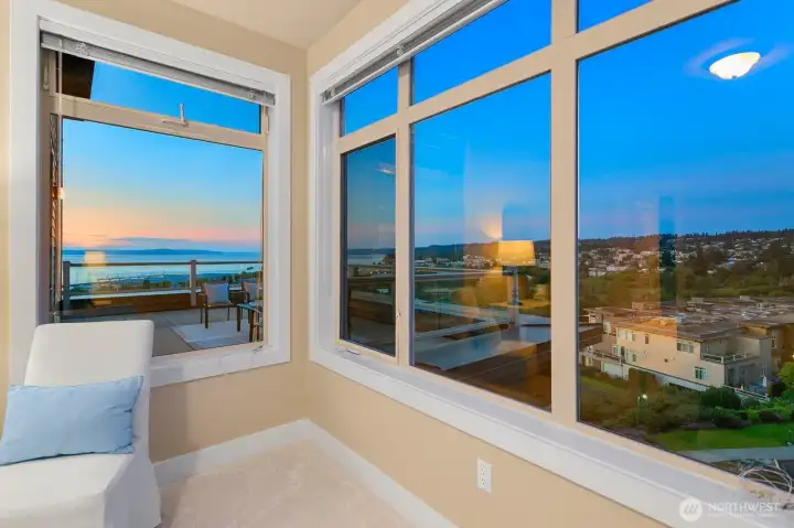 Twilight views from the second bedroom overlooking Puget Sound and the Edmonds waterfront.