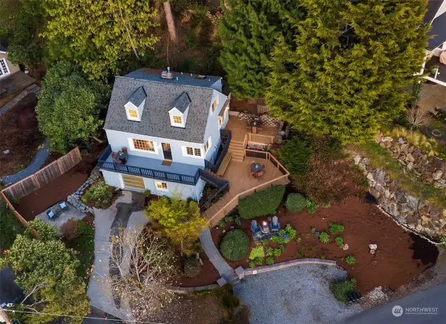 Overhead shot of the house and lot.