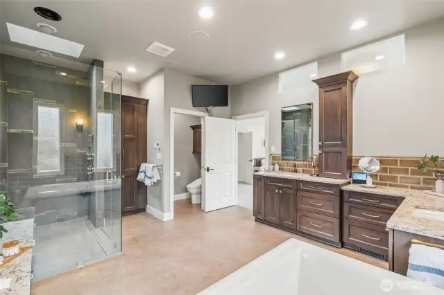 The 5-piece primary bathroom offers plenty of counter space and storage, a large walk-in shower , bidet toilet, and a jacuzzi tub complete with a ceiling filler