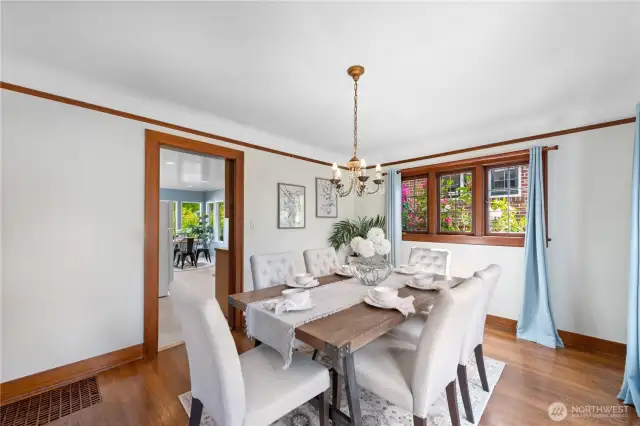 A vintage chandelier adds an elegant touch.