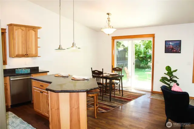 kitchen, dining, out to patio