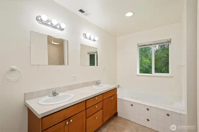Primary ensuite with separate toilet and shower area (not pictured)