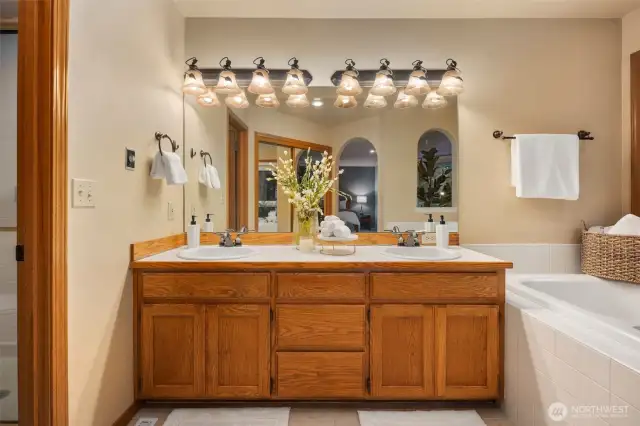 Dual vanity, shower and toilet to the left