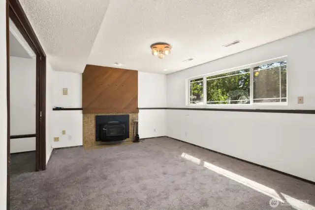 Lower level bonus room with very affective fireplace that can heat home
