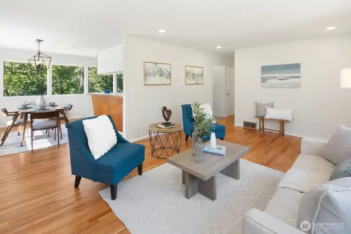 Living room flows into dining room.