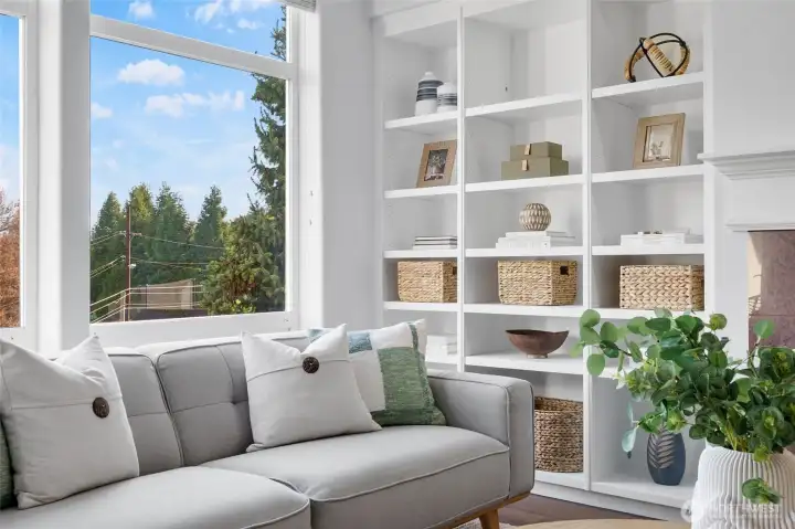 Stylish built-ins are a feature of the living room.