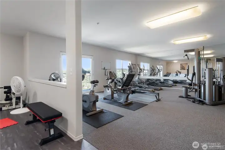 The top-floor fitness center is well equipped and boasts a view of Elliott Bay, DT Seattle, stadiums and the mountains.