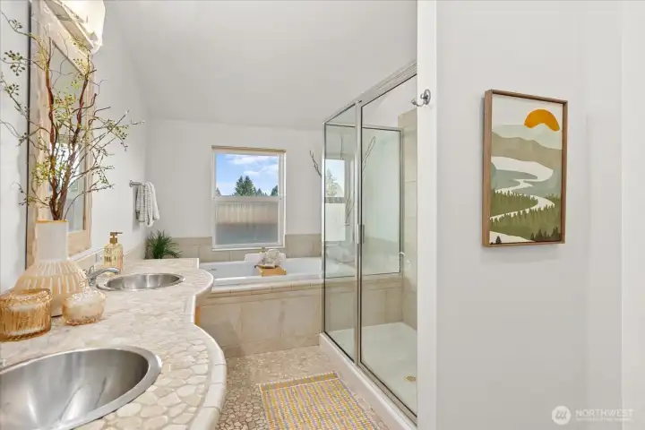 Primary En-Suite 5 Piece Bathroom. The quality material elevates this space to a true Spa like experience!