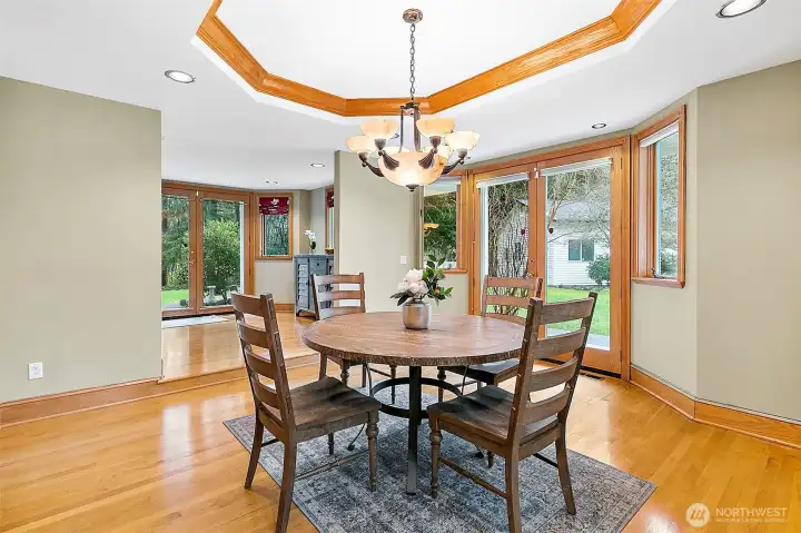 Dining room with bright lighting.
