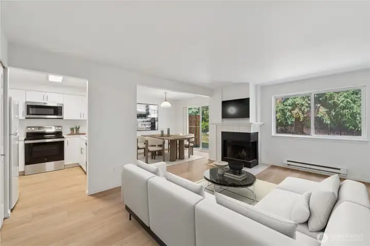 Virtual Stage - Living room w/ view of kitchen & dining