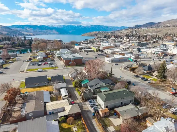 Exterior aerial view looking towards Lake Chelan.