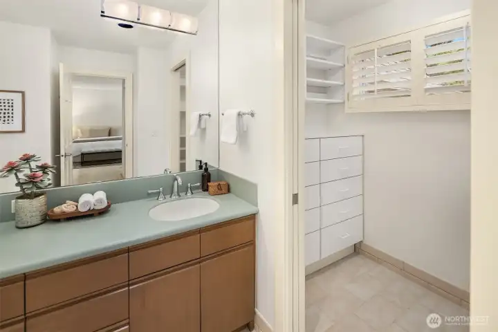 The primary bathroom has great additional storage space!
