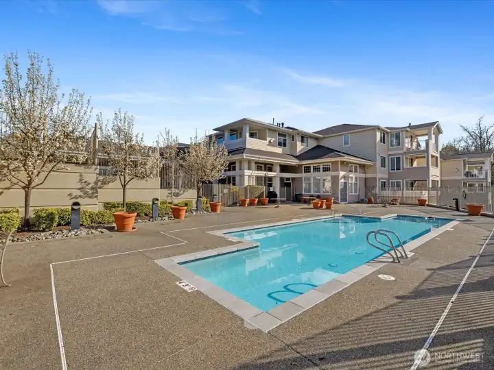 Seasonal outdoor pool and patio area with surrounding residential buildings, landscaped grounds, and open sky exposure. Community amenity includes outdoor pool and shared recreation space.