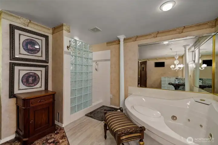 Large walk in shower & jetted soaking tub in the lower level bathroom.