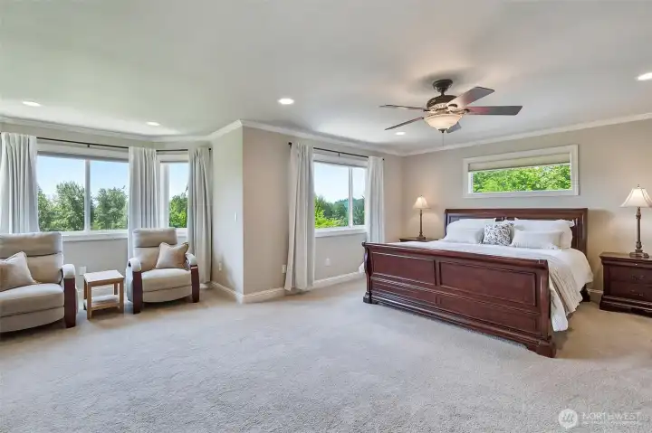 Primary bedroom with territorial views, curtains not included in sale, go with seller