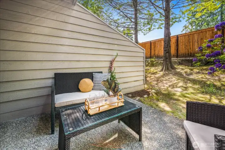 A private patio retreat, ideal for morning coffee, evening unwinding, or intimate outdoor gatherings.