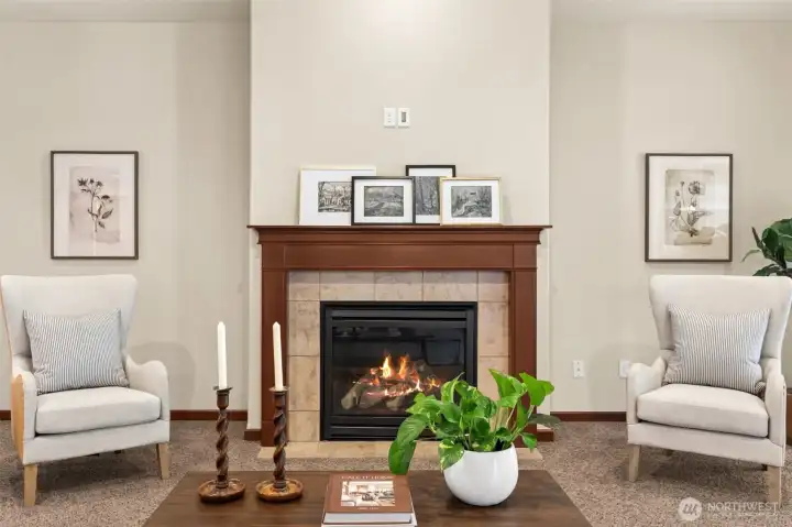 Inviting living room with gas fireplace and vaulted ceilings
