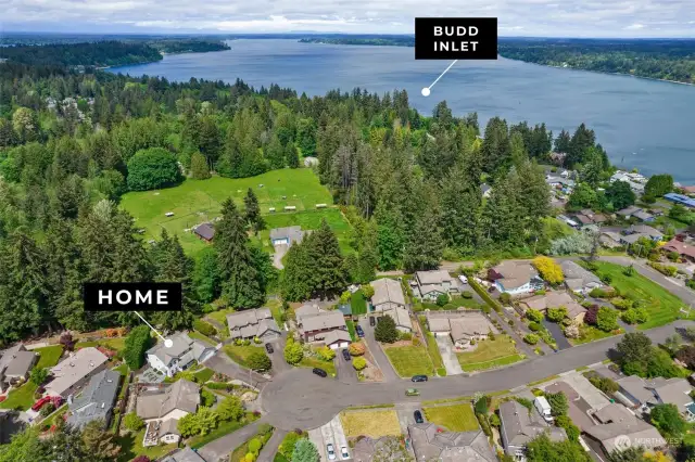 Home sits on the end of a culdesac, you can see proximity to Budd Inlet from aerial view. Olympia Country & Golf Club is just North.