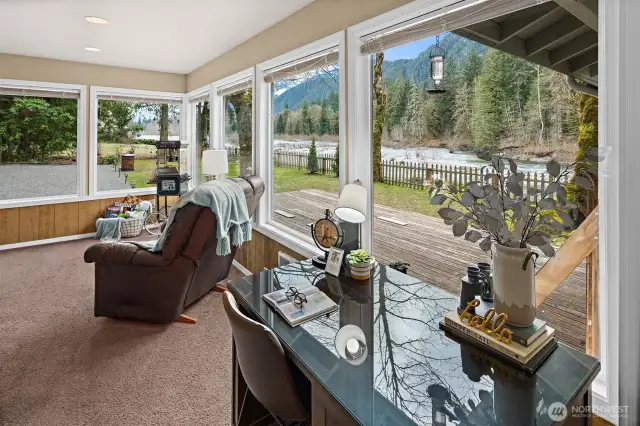 View windows overlooking the stunning Skykomish River and the Cascade Mtns. Incredible natural light!