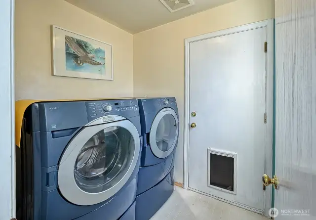 Laundry room with door to garage.