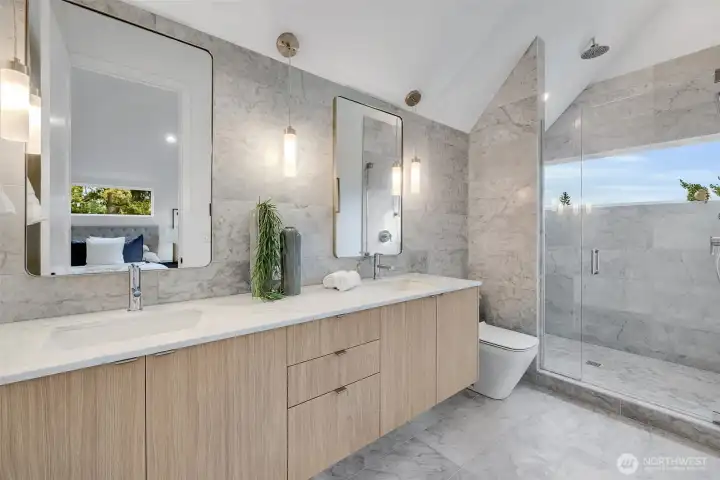 Primary Bath, Carrara marble counters, full height back splash, double vanity.