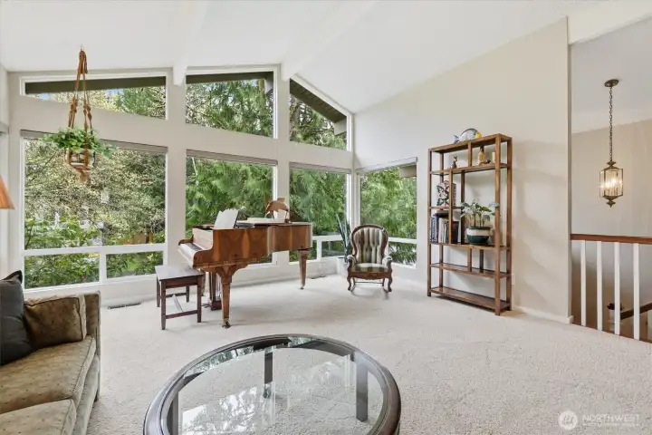 Moving to more formal spaces, here is the formal living room.  Vaulted ceilings and yet more oversized windows highlight this private and serene space.  Keep this formal or make it the perfect family room with plenty of space for your large furniture.