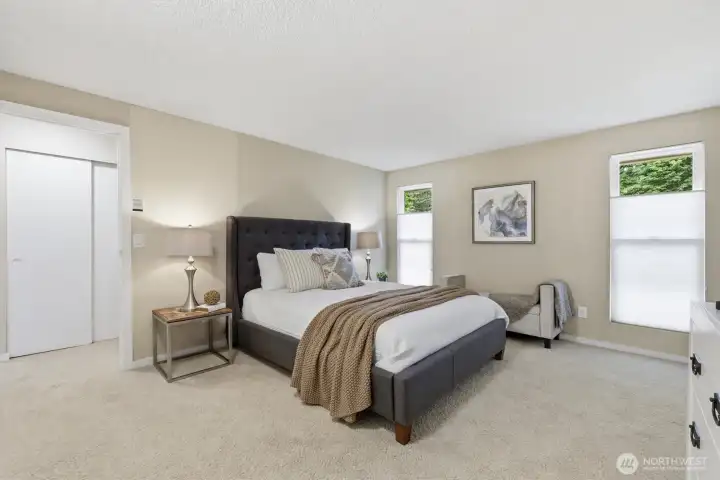 The primary suite has great size and can accommodate large bedroom furniture. You will love this room's privacy. The primary suite has great size and can accommodate large bedroom furniture. You will love this room's privacy.