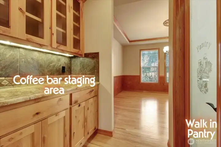 Coffee bar staging area and full walk in pantry